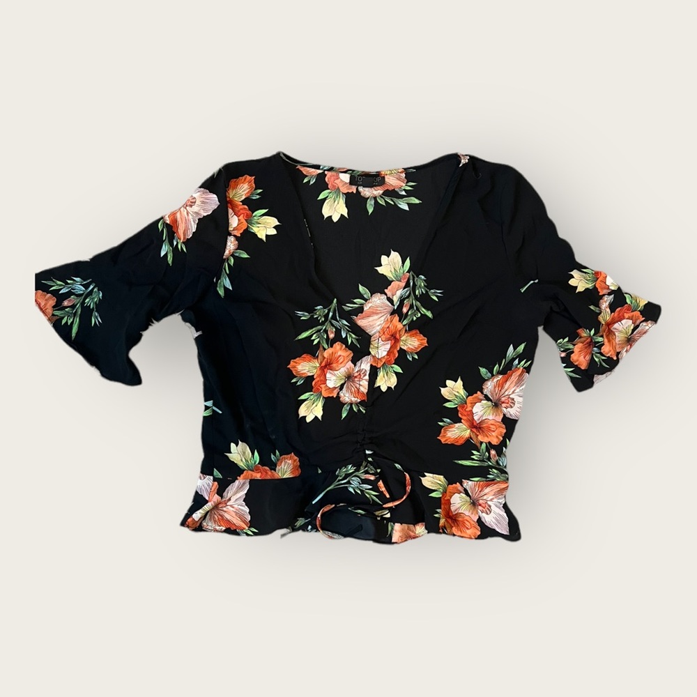Topshop Black Floral Blouse Size Small Cinched Waist Deep V Neck Long Sleeve